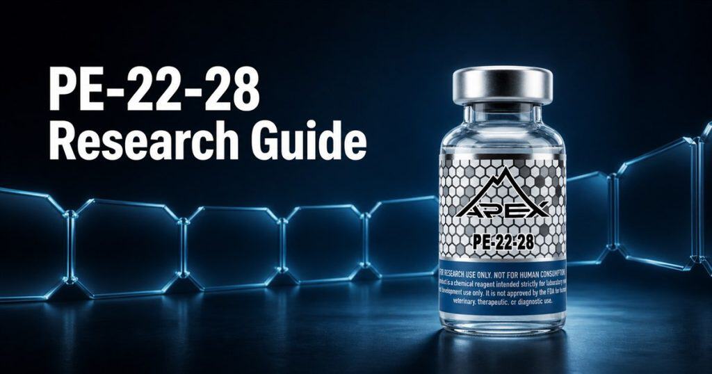 PE-22-28 vial beside the title PE-22-28 Research Guide in a blue editorial scene