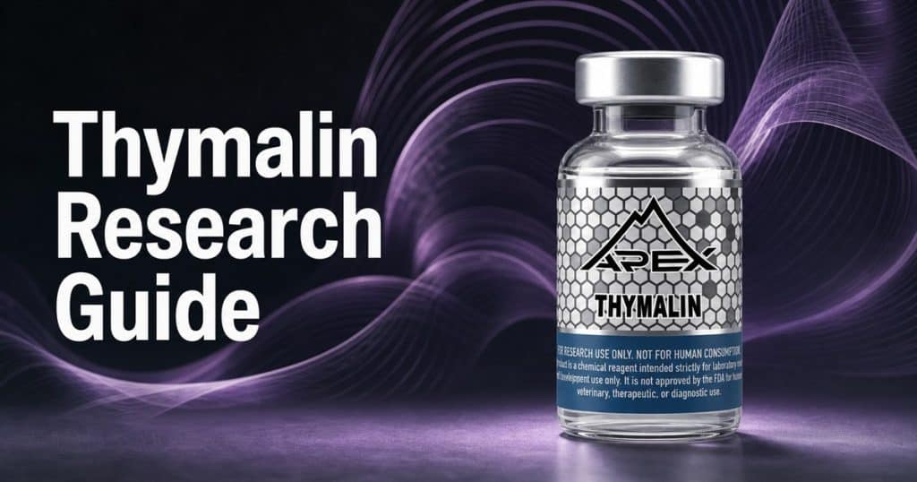 Thymalin vial beside the title Thymalin Research Guide in an amethyst editorial scene