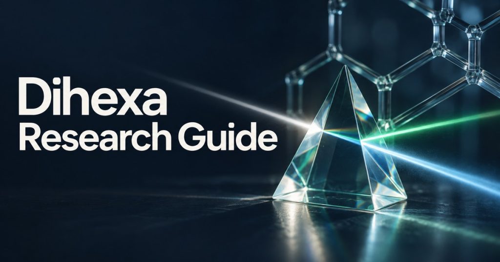 Dihexa Research Guide title beside a teal optical prism and glass lattice; conceptual editorial artwork.