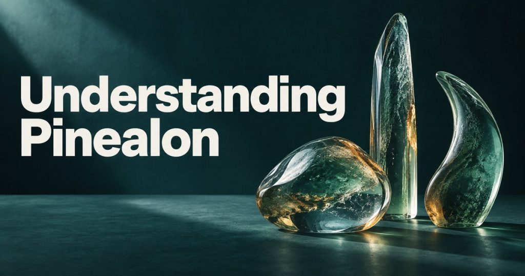 Understanding Pinealon title beside three translucent teal glass forms; conceptual editorial artwork.