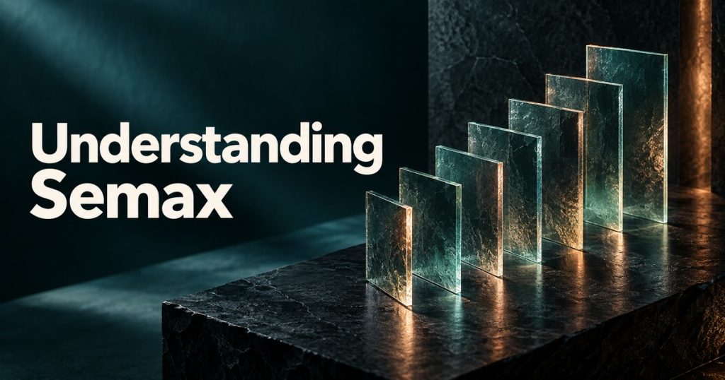 Understanding Semax title beside seven upright translucent glass planes; conceptual editorial artwork.