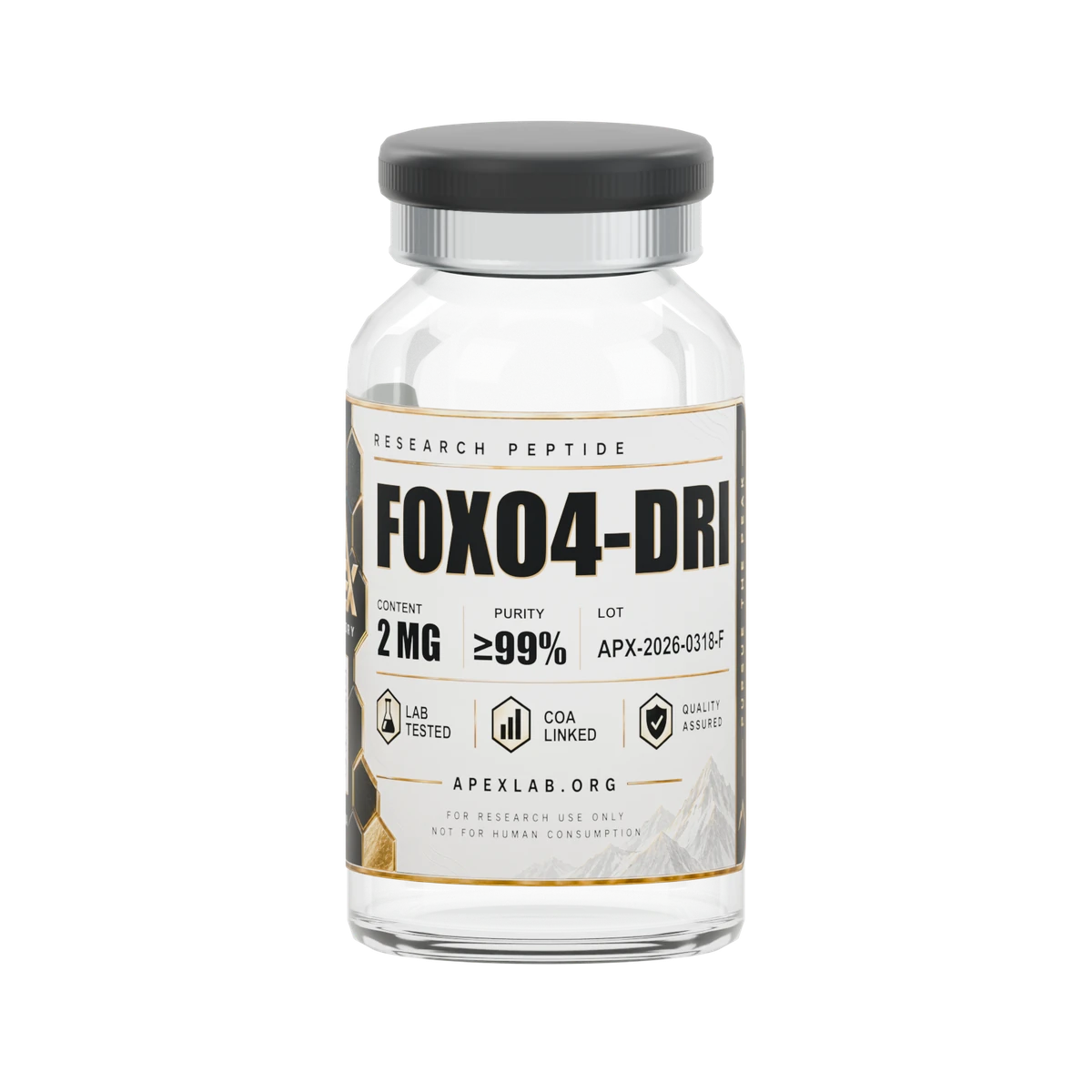 FOXO4-DRI 2 MG, Apex Laboratory label, lot APX-2026-0318-F